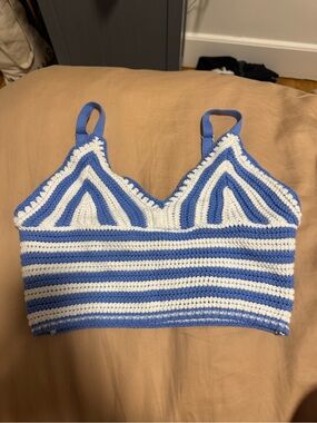 Hollister Blue and White Crochet Stripe Crop Top